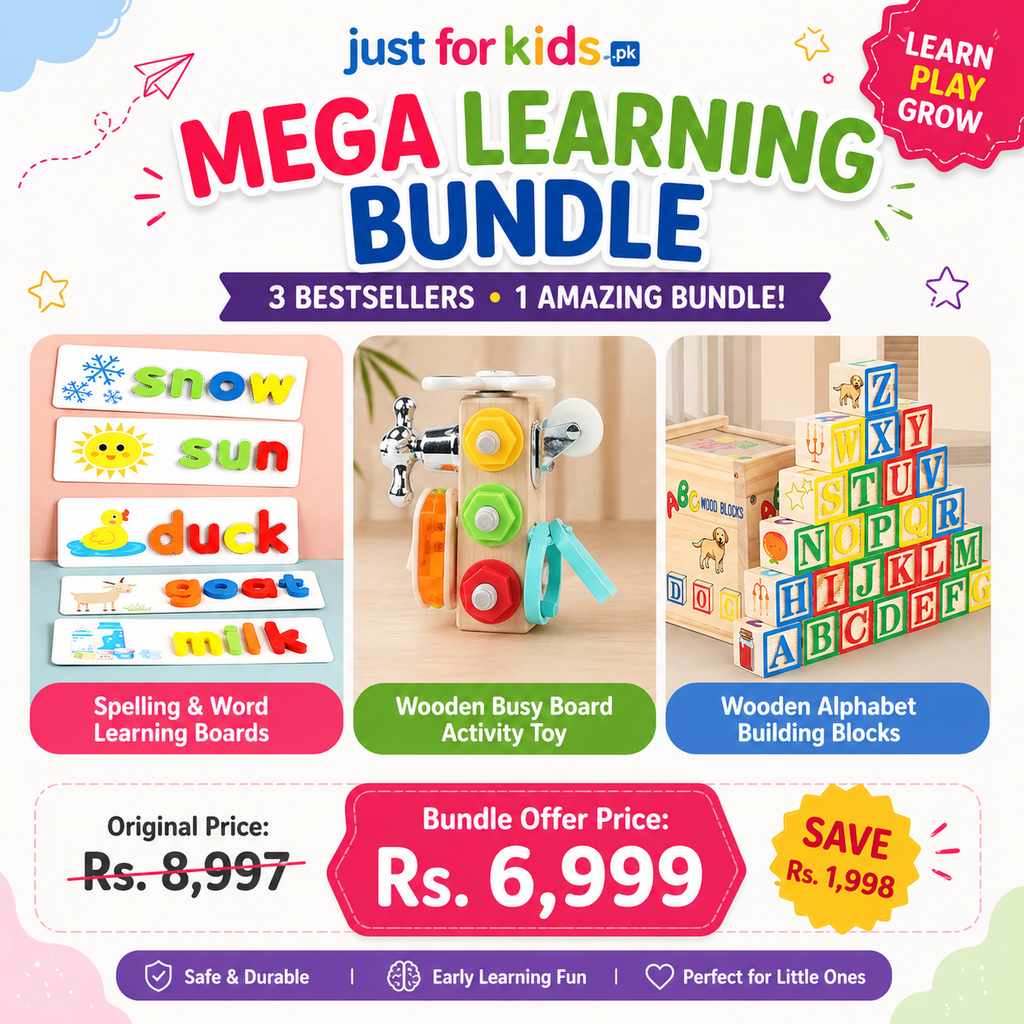 3 in 1 Wooden Learning Bundle – Spelling, Blocks & Activity Cube Set