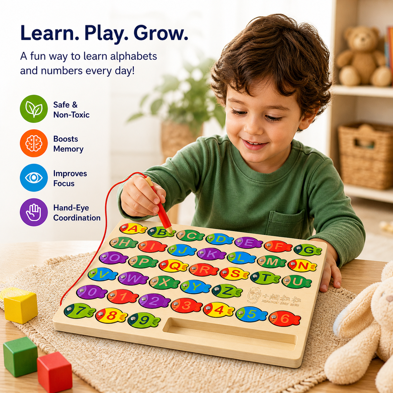 Wooden Magnetic Fishing Alphabet & Number Puzzle Board for Kids