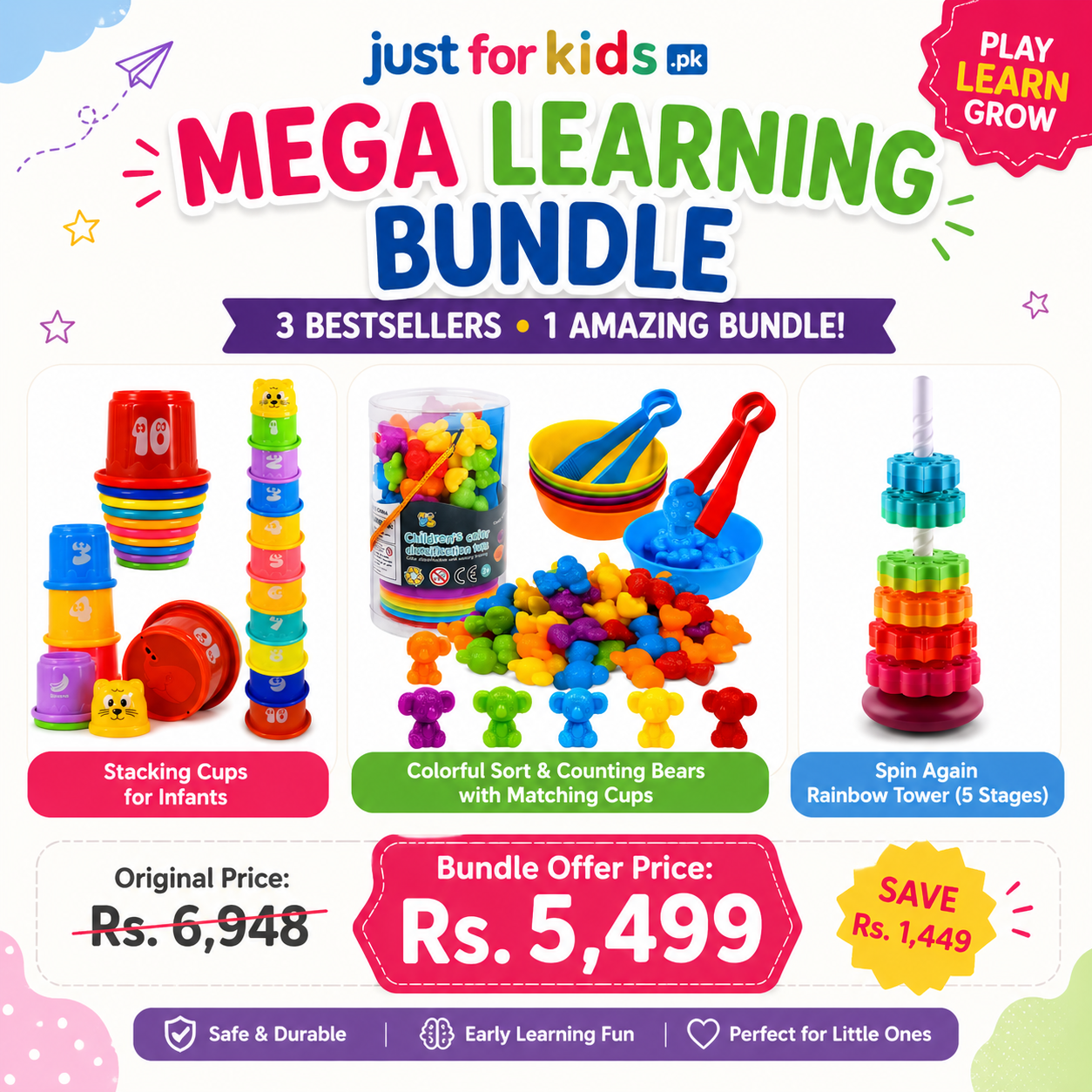 3 in 1 Early Learning Bundle – Stacking, Spinning & Sorting Toy Set
