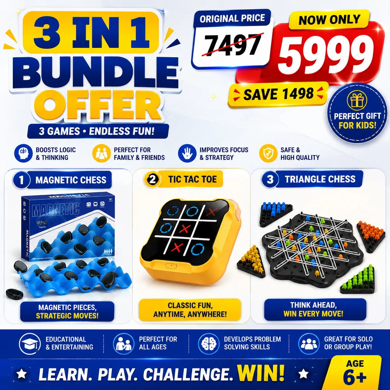 Bundle Offer || 3 in 1 Tic Tac Toe - 2 in 1 Magnetic Chess Game - Triangle Chess Game