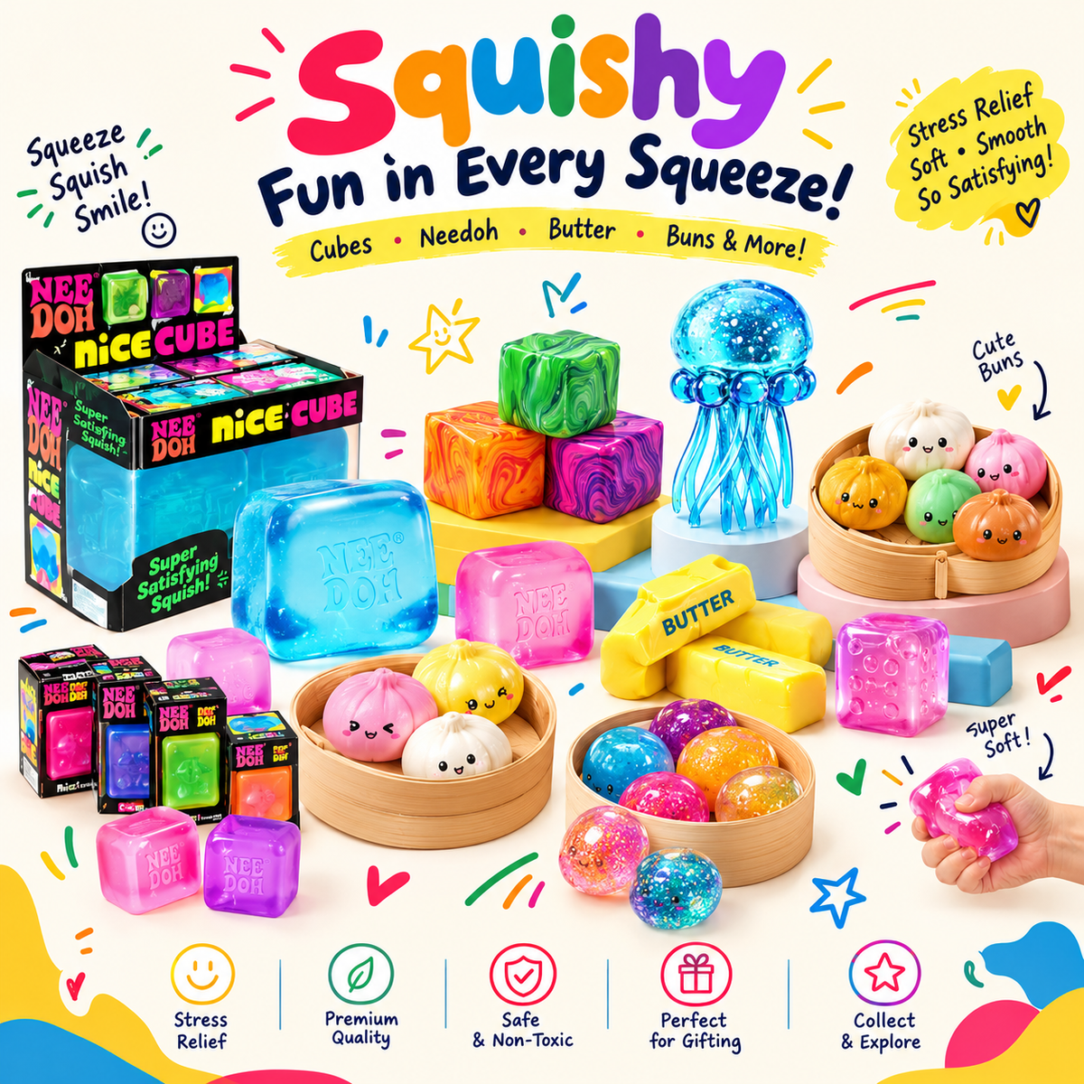Ultimate Squishy Collection – NeeDoh Cubes, Butter, Buns & More