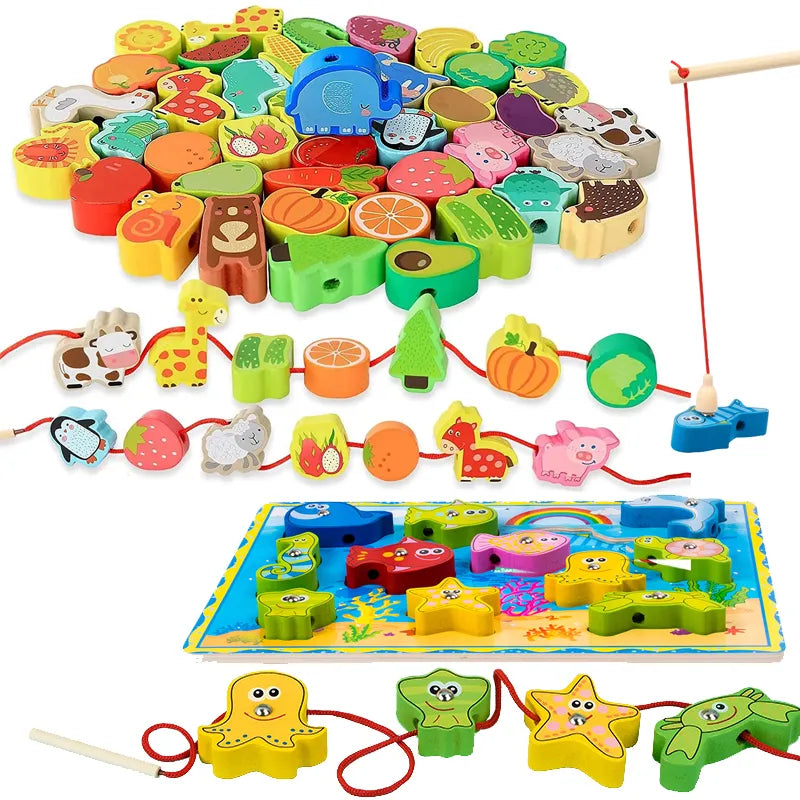4-in-1 Wooden Montessori Learning Toy – Fishing, Stacking & Lacing Fun!