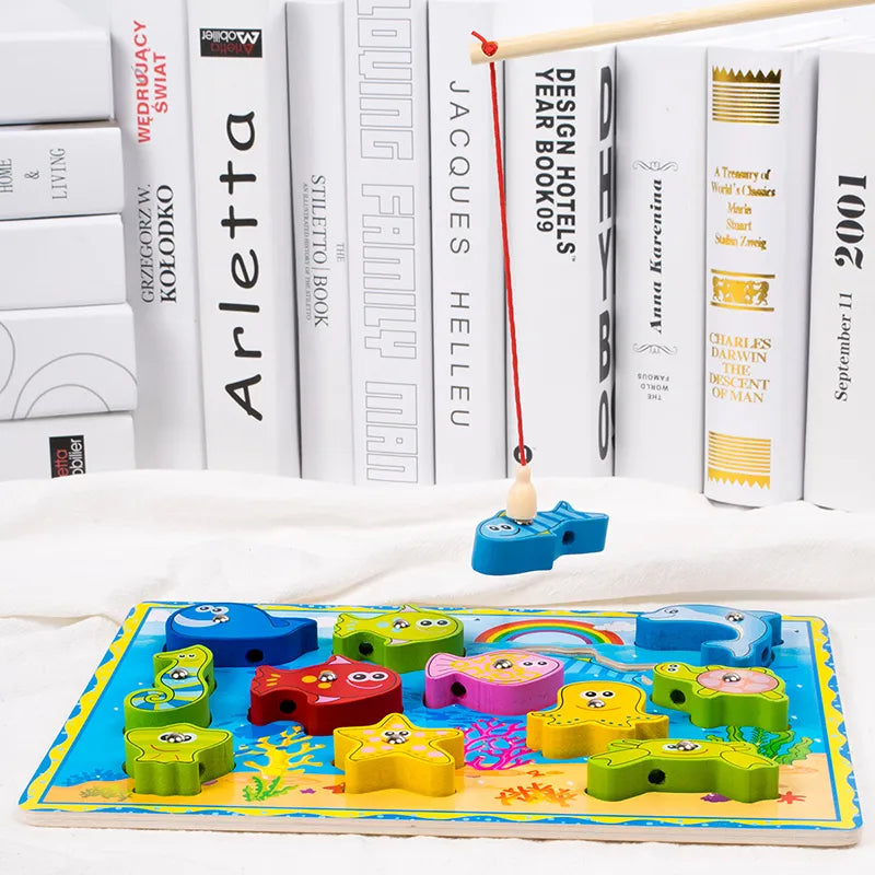 4-in-1 Wooden Montessori Learning Toy – Fishing, Stacking & Lacing Fun!