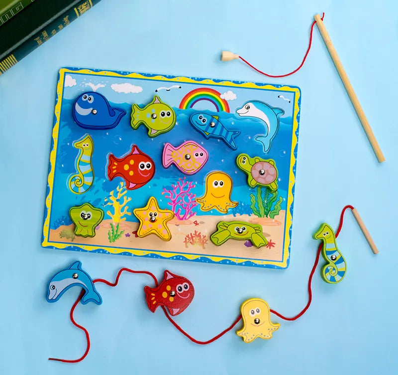 4-in-1 Wooden Montessori Learning Toy – Fishing, Stacking & Lacing Fun!