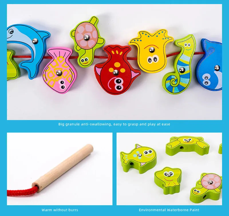 4-in-1 Wooden Montessori Learning Toy – Fishing, Stacking & Lacing Fun!
