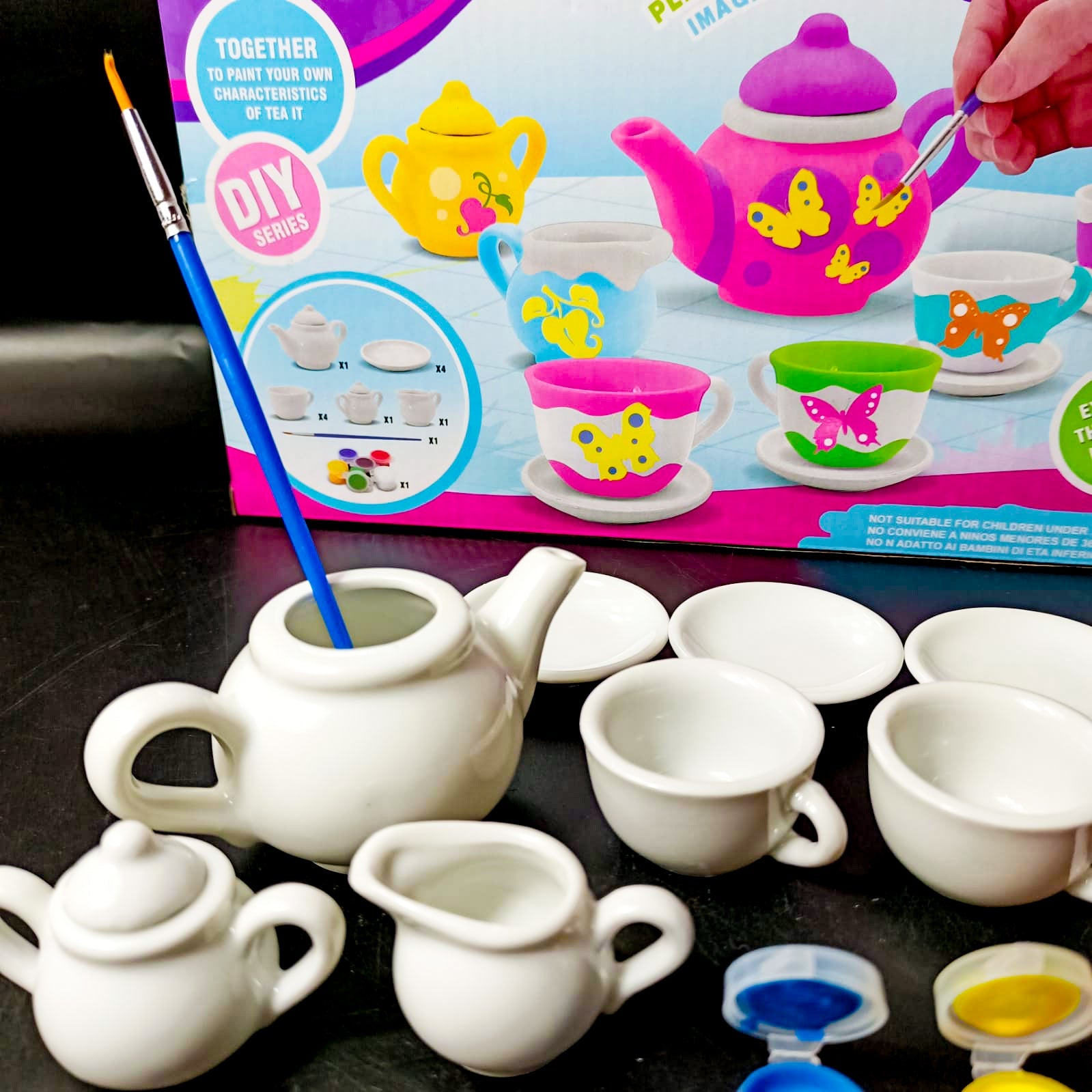 Ceramic Tea Set, 15 Pieces With Paints For Kids - JustForKids