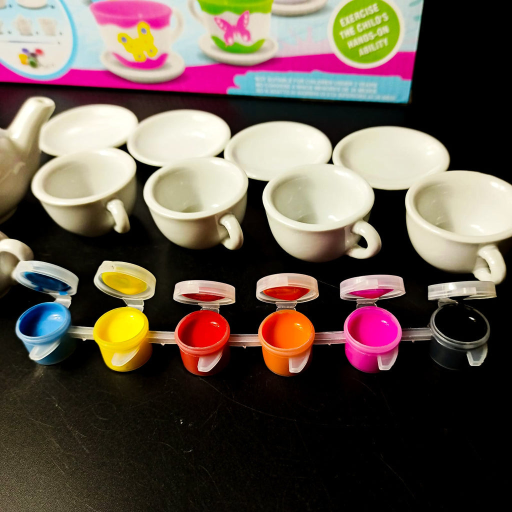 Ceramic Tea Set, 15 Pieces With Paints For Kids - JustForKids