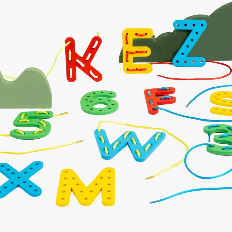 Wooden Rope Letters Alphabets and Numbers Lacing Set
