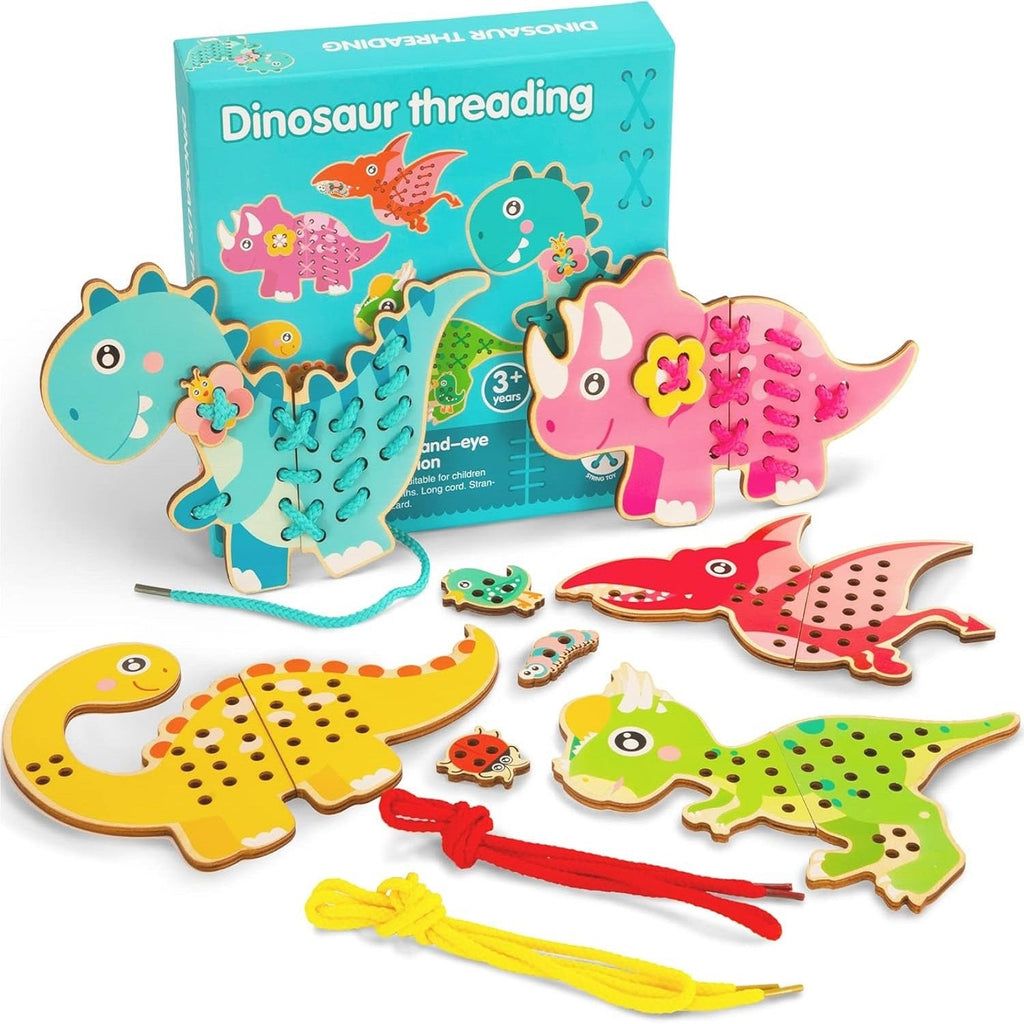 Wooden Dinosaur Puzzles With Threading Activity - JustForKids