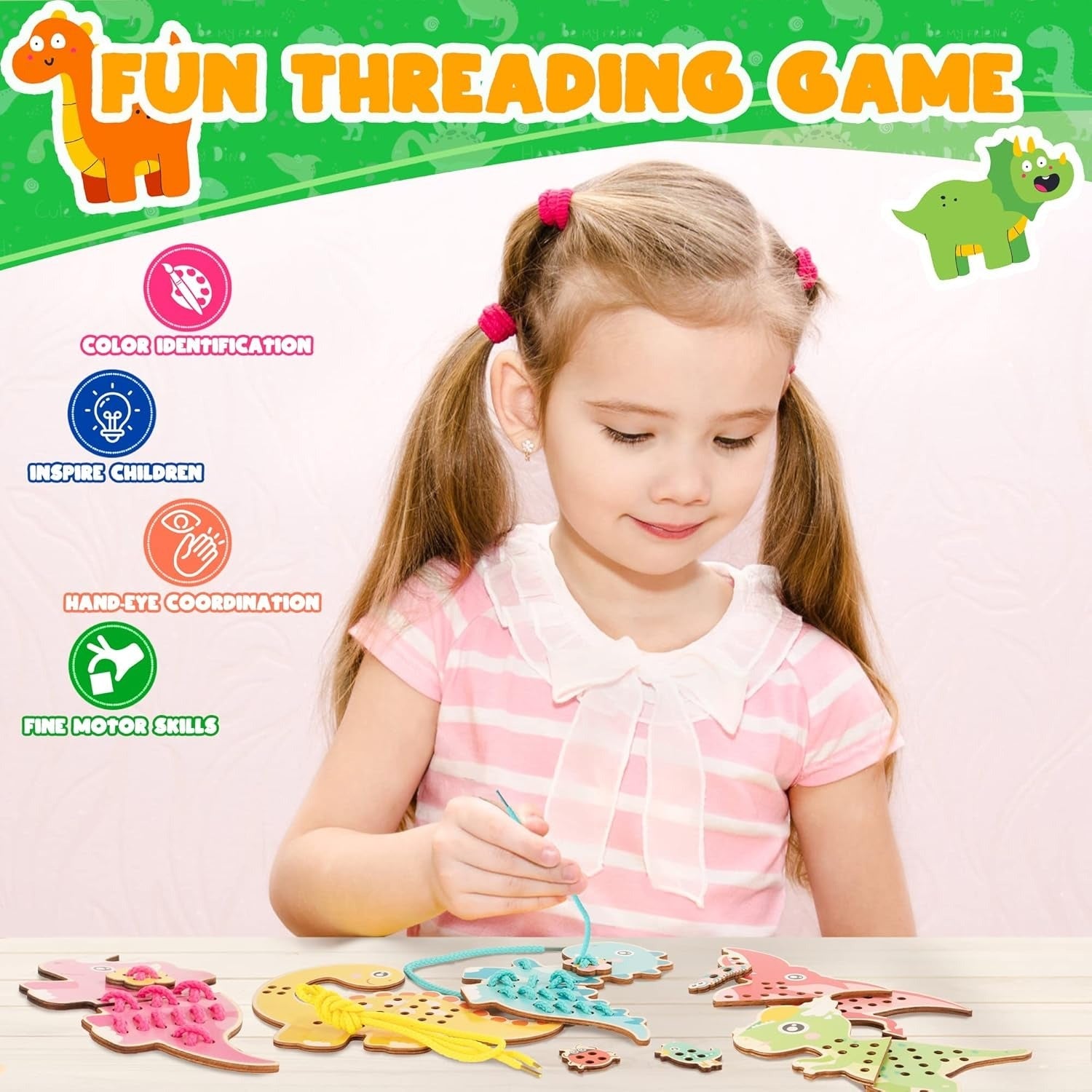 Wooden Dinosaur Puzzles With Threading Activity - JustForKids