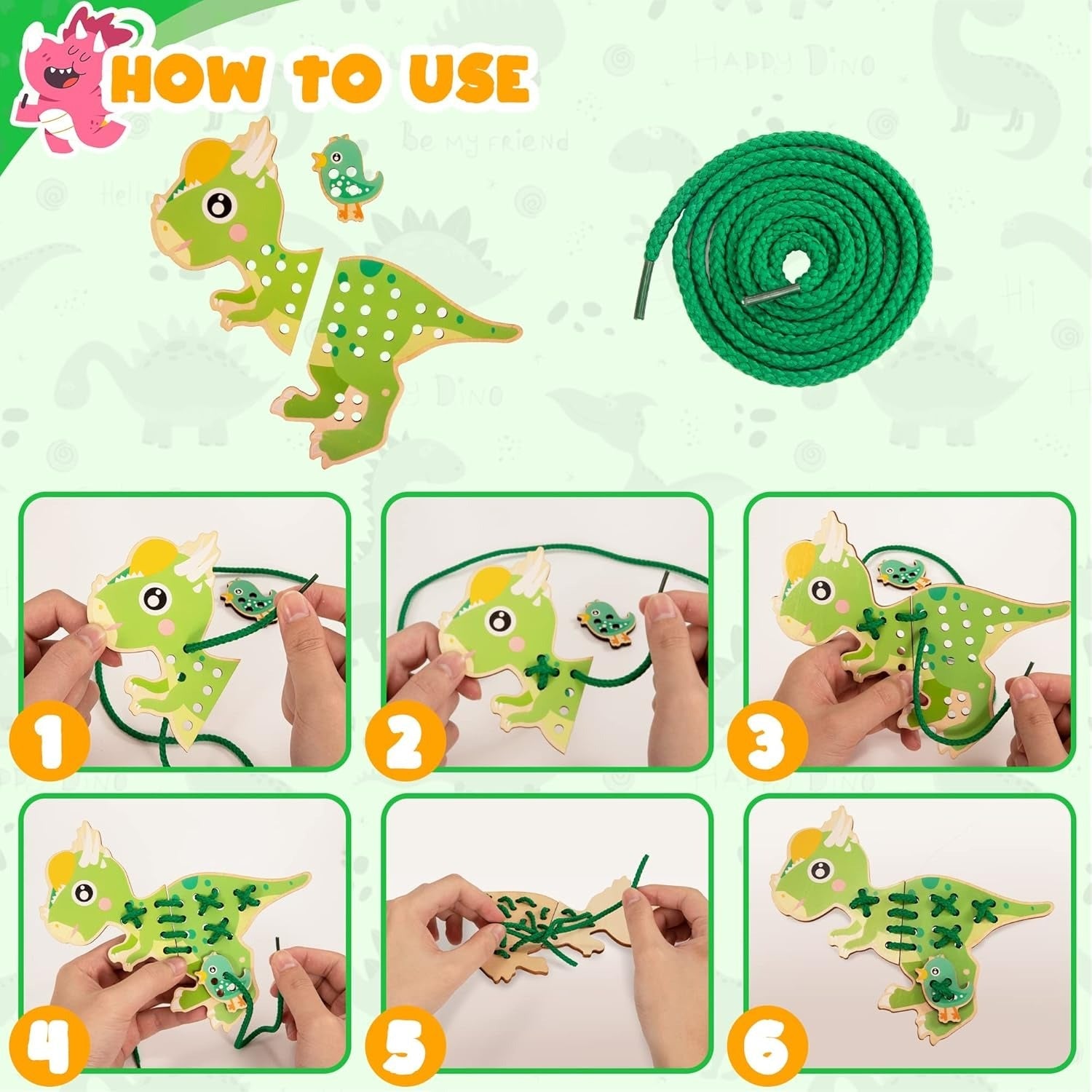 Wooden Dinosaur Puzzles With Threading Activity - JustForKids