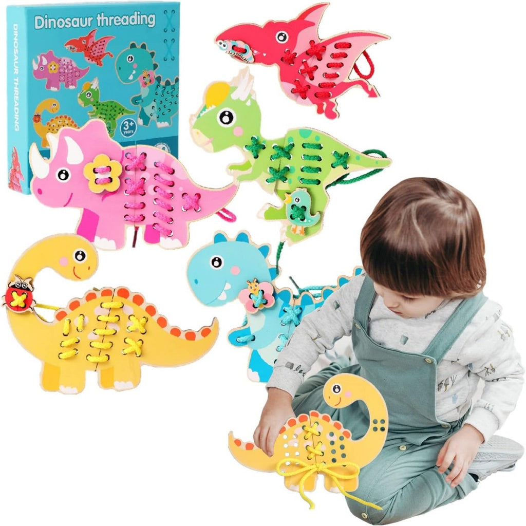 Wooden Dinosaur Puzzles With Threading Activity - JustForKids
