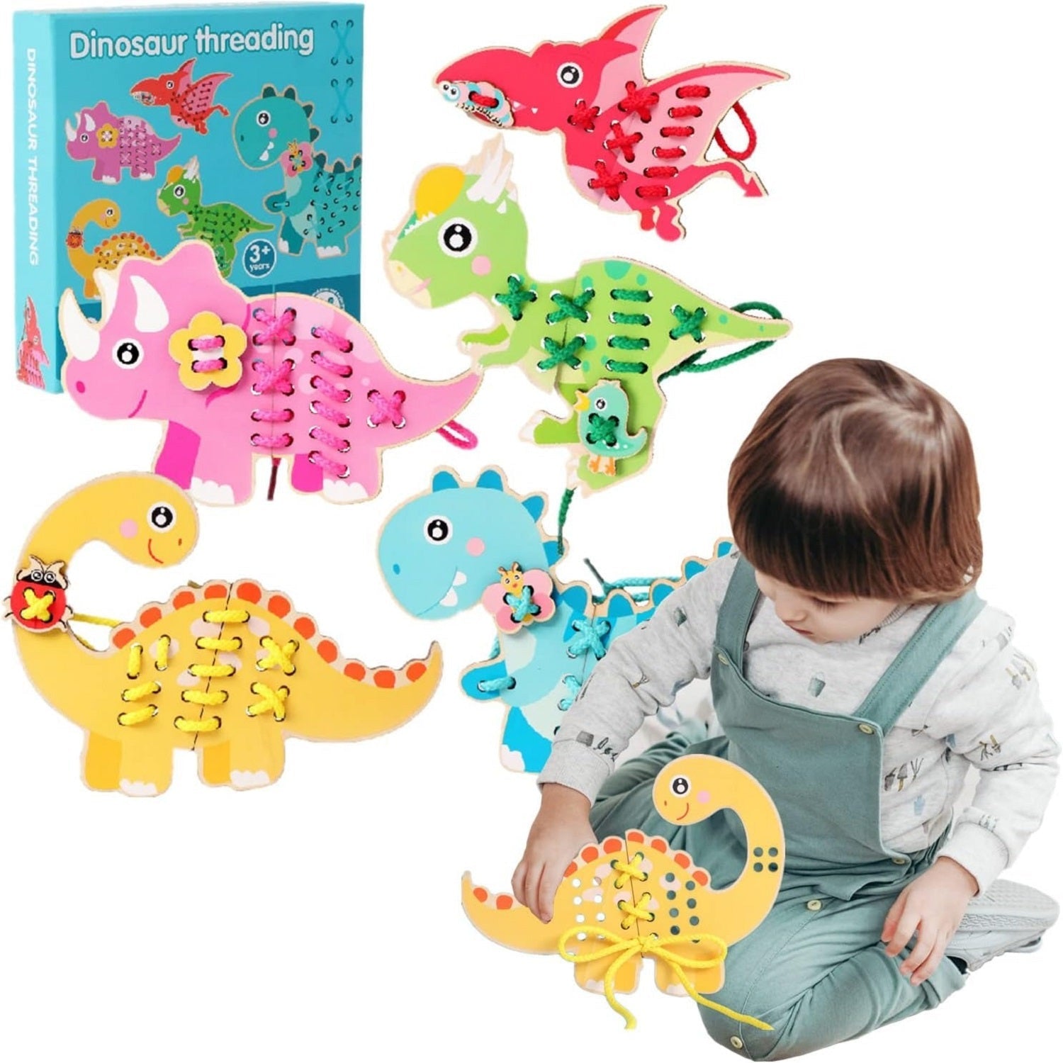 Wooden Dinosaur Puzzles With Threading Activity - JustForKids