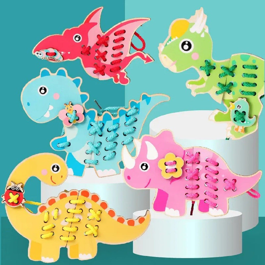 Wooden Dinosaur Puzzles With Threading Activity - JustForKids