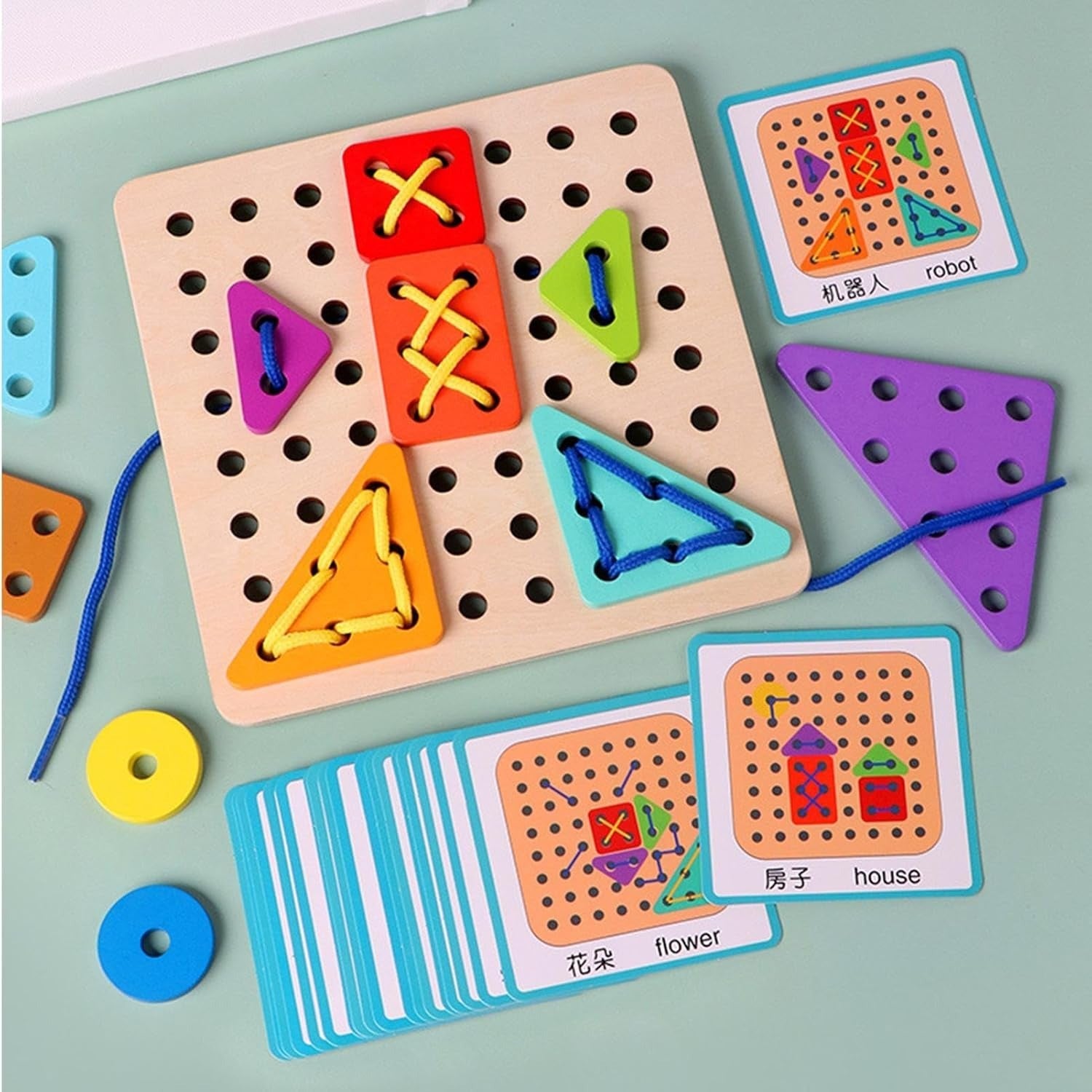 Wooden Rope Lacing Shape Matching Board