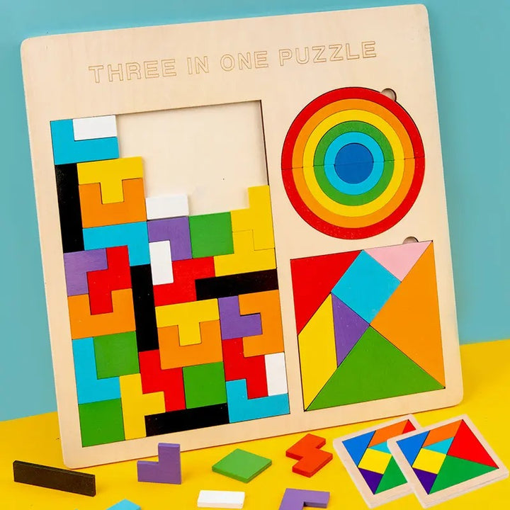 Wooden 3-in-1 Rainbow Puzzle Board