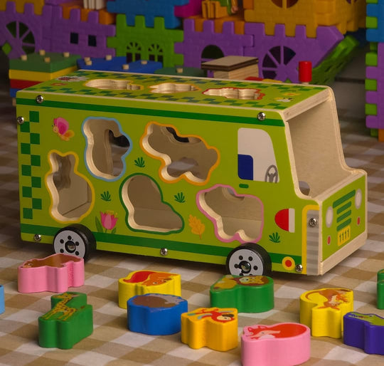 Wooden Colorful Wild Animal Sorting Bus