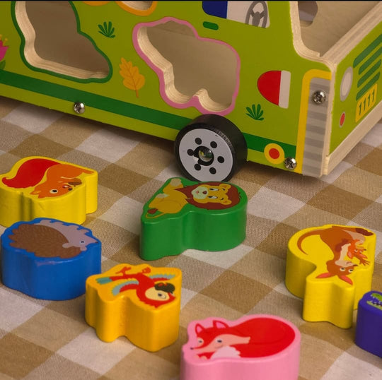 Wooden Colorful Wild Animal Sorting Bus