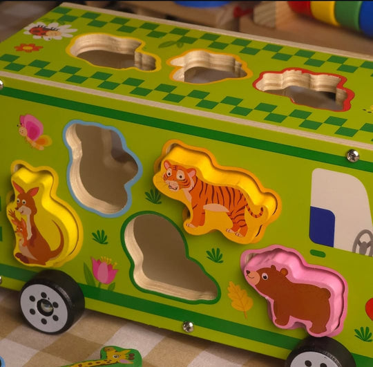 Wooden Colorful Wild Animal Sorting Bus