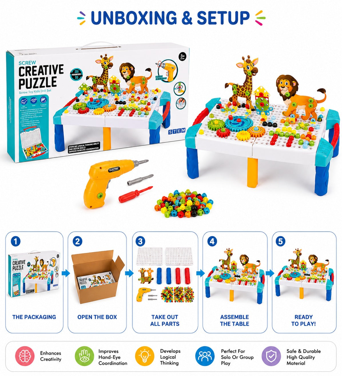 Creative Puzzle Construction Table – STEM Building & Mosaic Toy Set