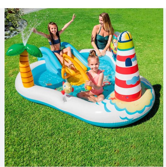 INTEX Lighthouse Inflatable Kids Water Play Center with Slide & Sprinkler Palm Tree
