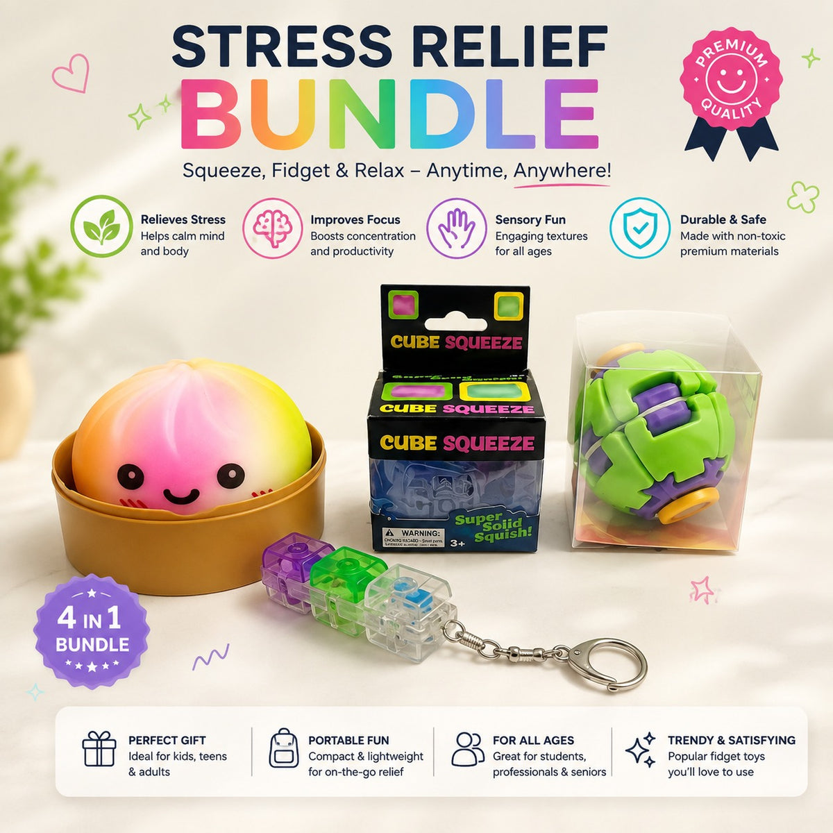 Mystery Stress Relief Bundle - Needoh Spinny Bun Dumpling Keyboard Clicker
