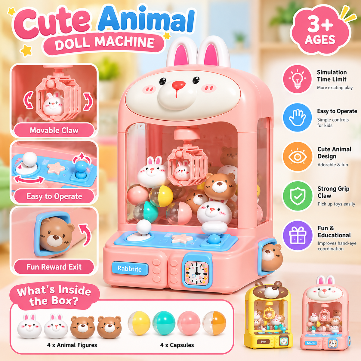 Cute Animal Mini Claw Machine Toy – Bunny & Bear Arcade Game