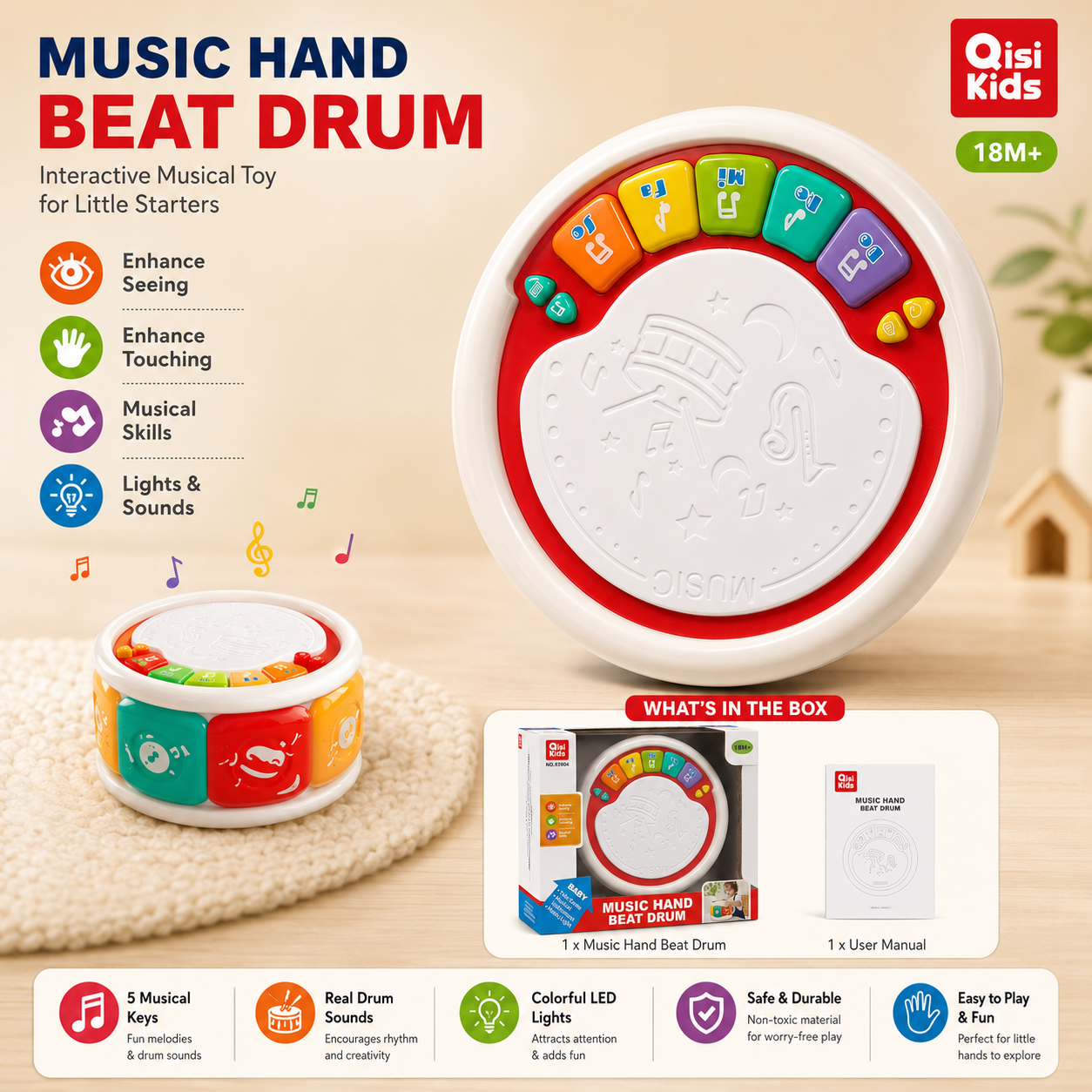 Qisi Kids Music Hand Beat Drum – Interactive Educational Musical Toy