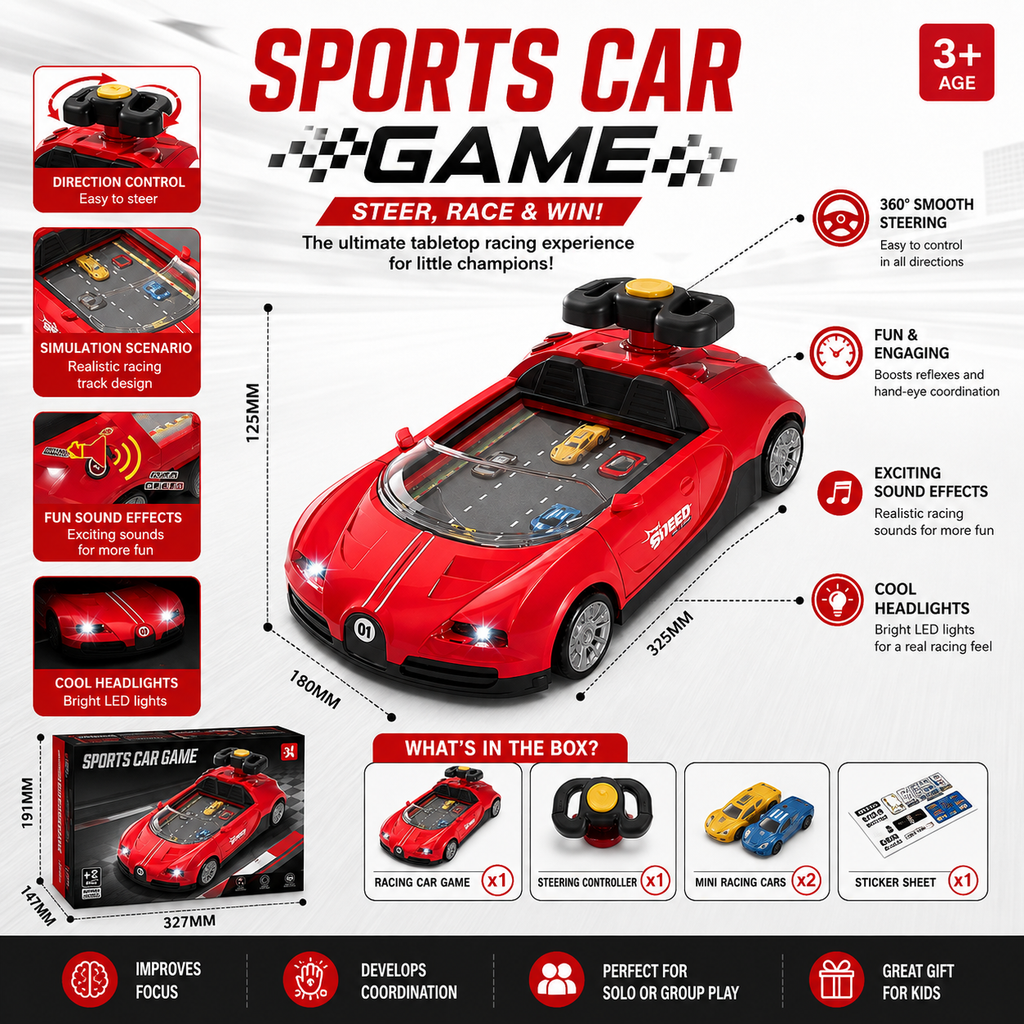 Sports Car Game for Kids – 360° Steering Racing Toy