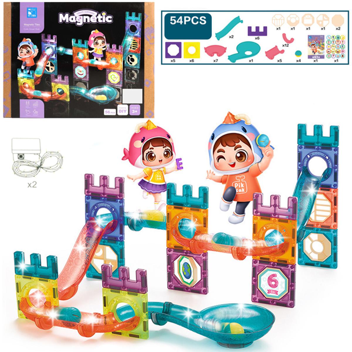 56-Piece DIY Magnetic Building Blocks – Luminous Tiles & Marble Run