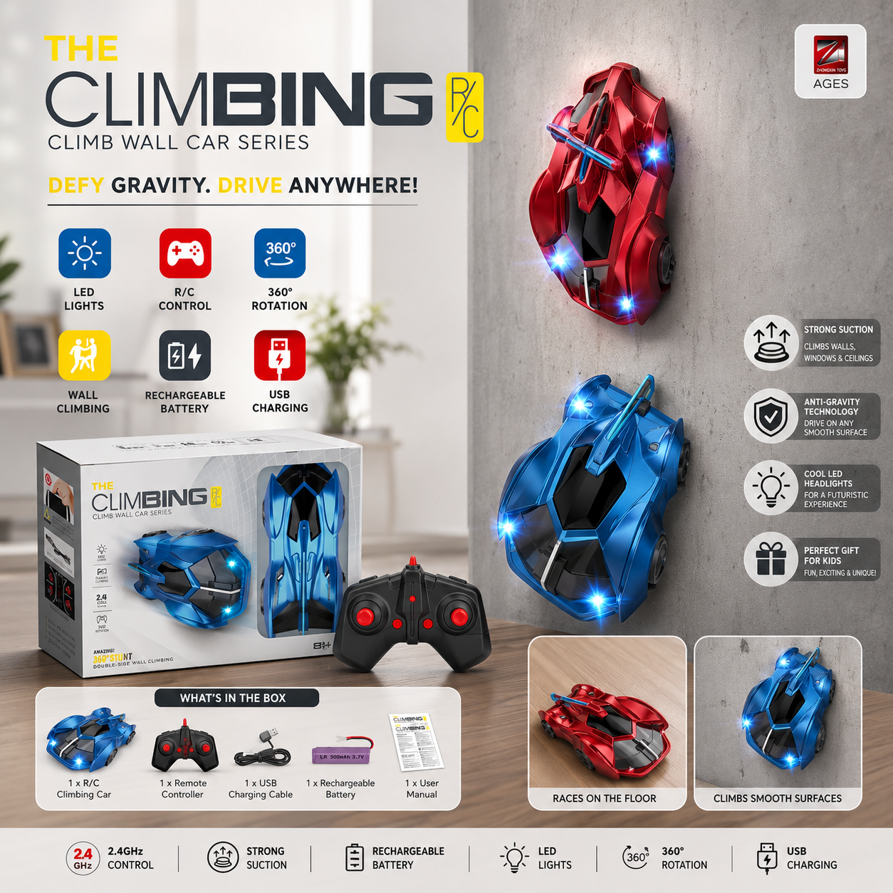 Wall Climbing RC Car 2.4GHz Rechargeable Remote Control Car with LED Lights