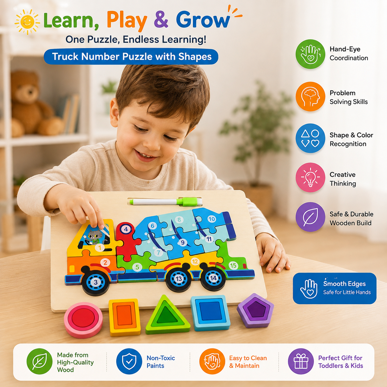 3 in 1 Wooden Multifunction Jigsaw Puzzle & Drawing Board