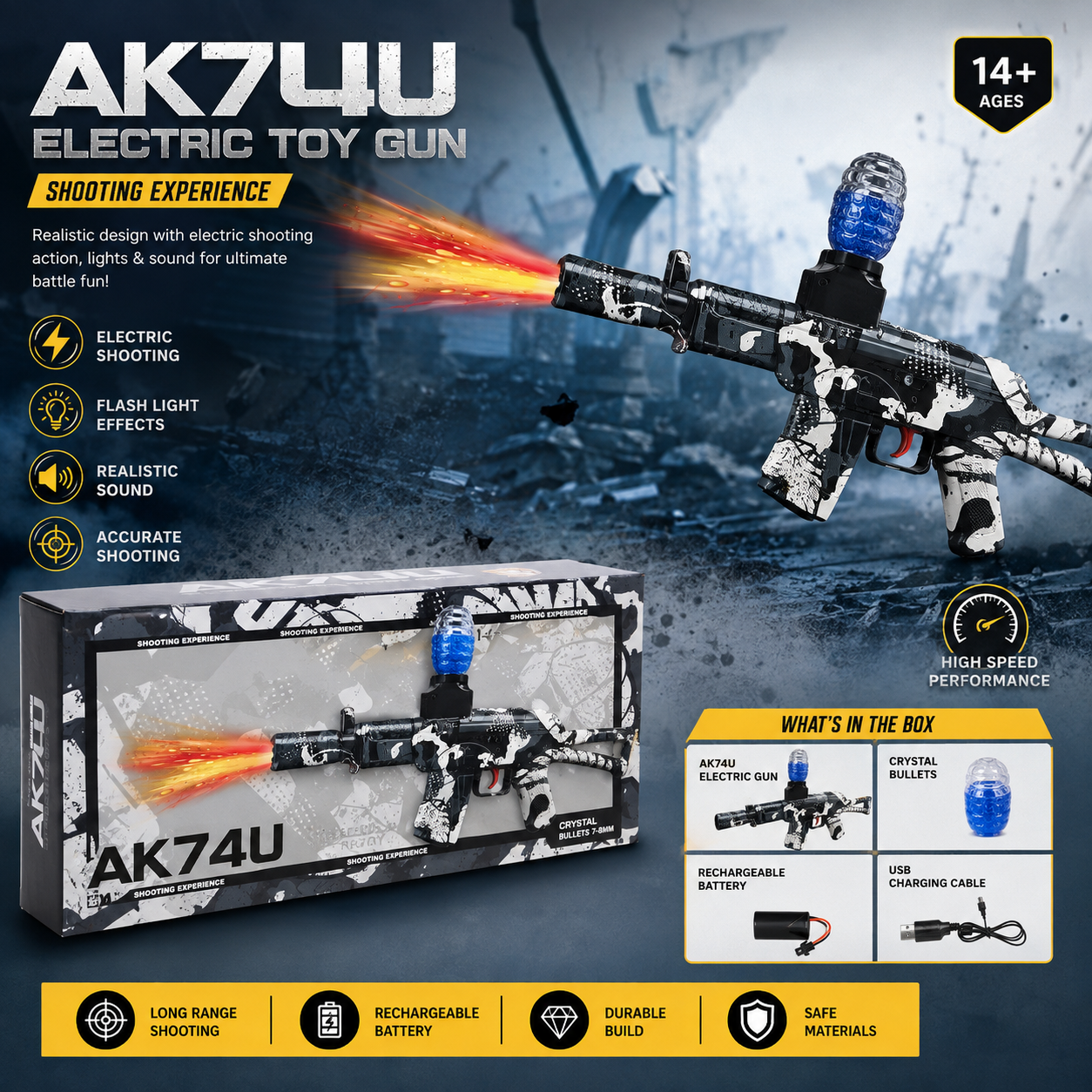 AK74U Electric Toy Gun with Lights, Sound & Crystal Bullets