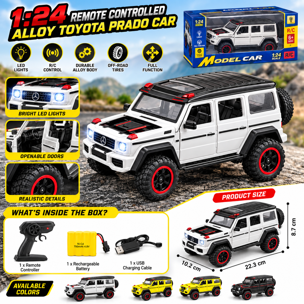 1:24 Alloy Remote Control Prado SUV Car with LED Lights – Rechargeable RC Toy