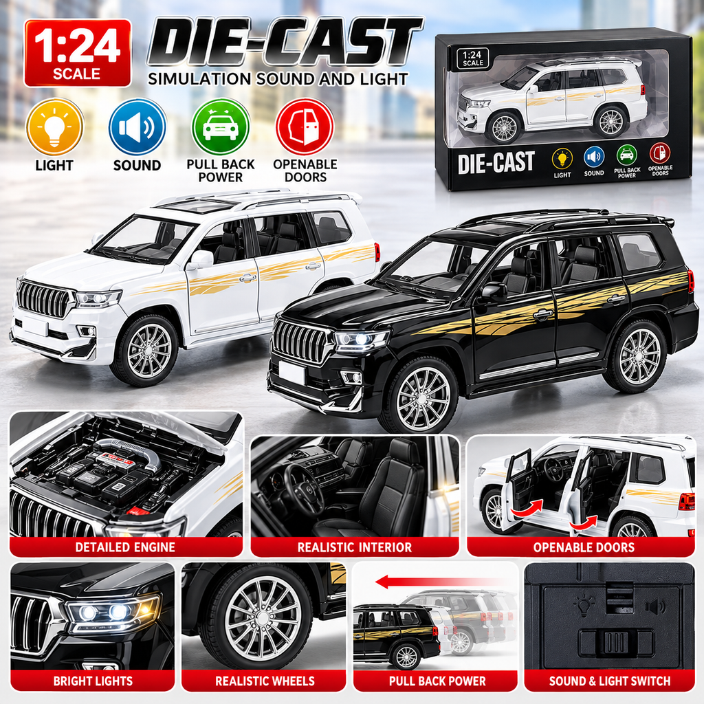 1:24 Die-Cast Luxury SUV Toy Car – Pull Back, Lights & Sound
