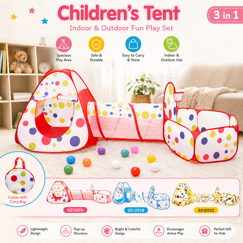 3-in-1 Kids Play Tent with Tunnel & Ball Pit - Indoor & Outdoor Pop-Up Playhouse