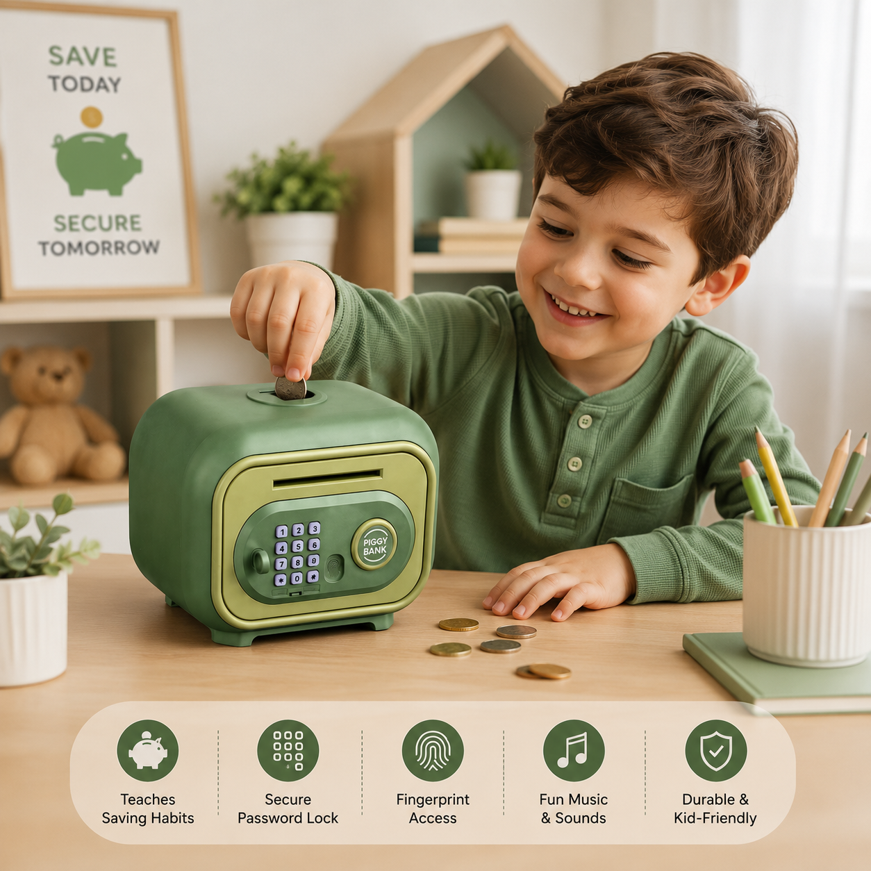 Smart Money Box for Kids – Password Piggy Bank with Fingerprint Unlock