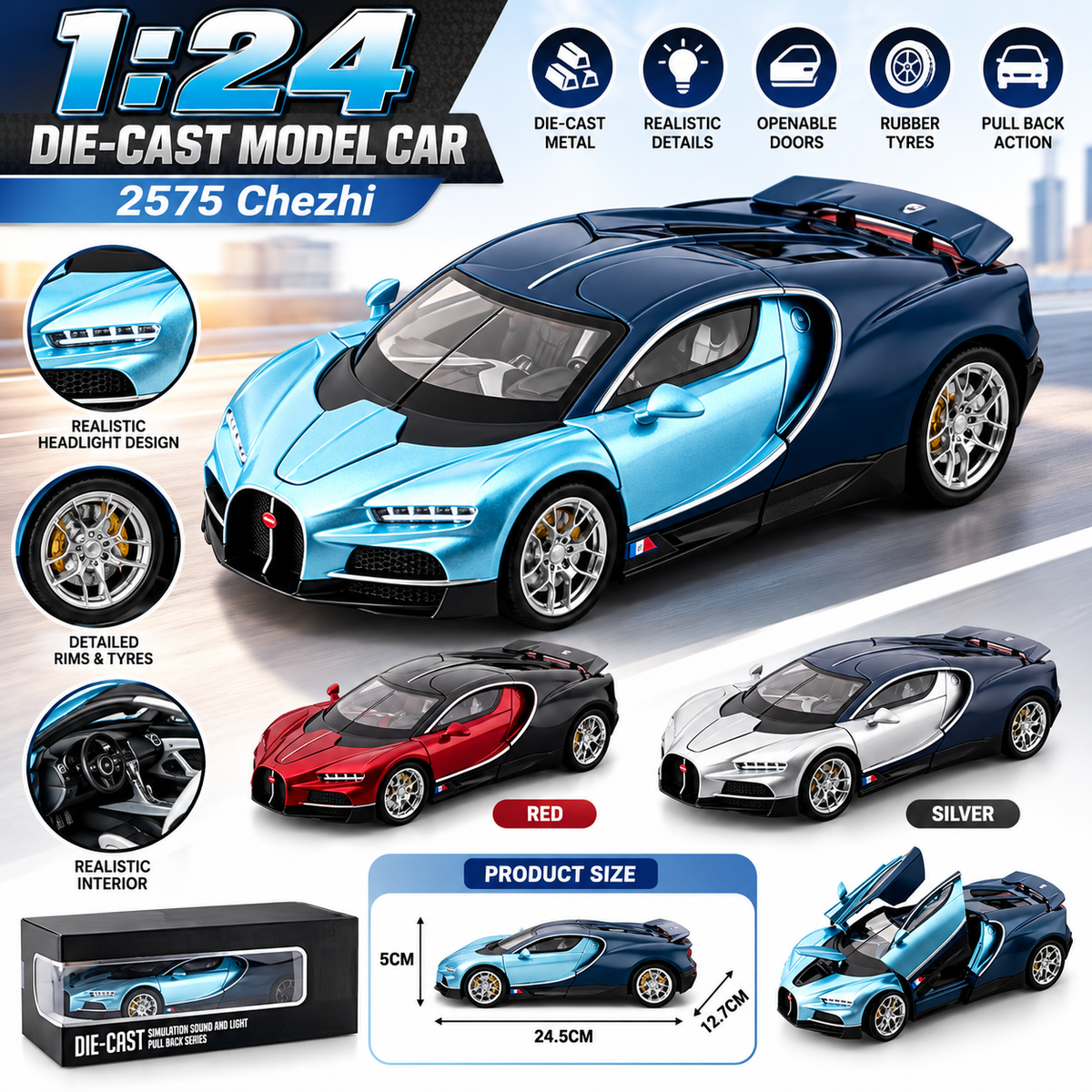 1:24 Bugatti Chiron Die-Cast Metal Toy Car – Pull Back Model with Opening Doors