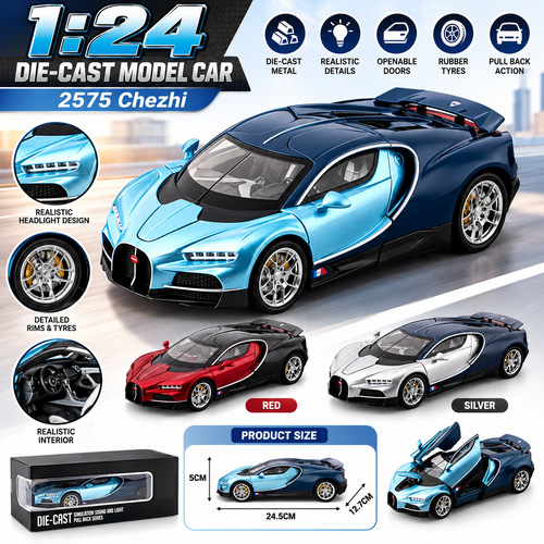 1:24 Bugatti Chiron Die-Cast Metal Toy Car – Pull Back Model with Opening Doors