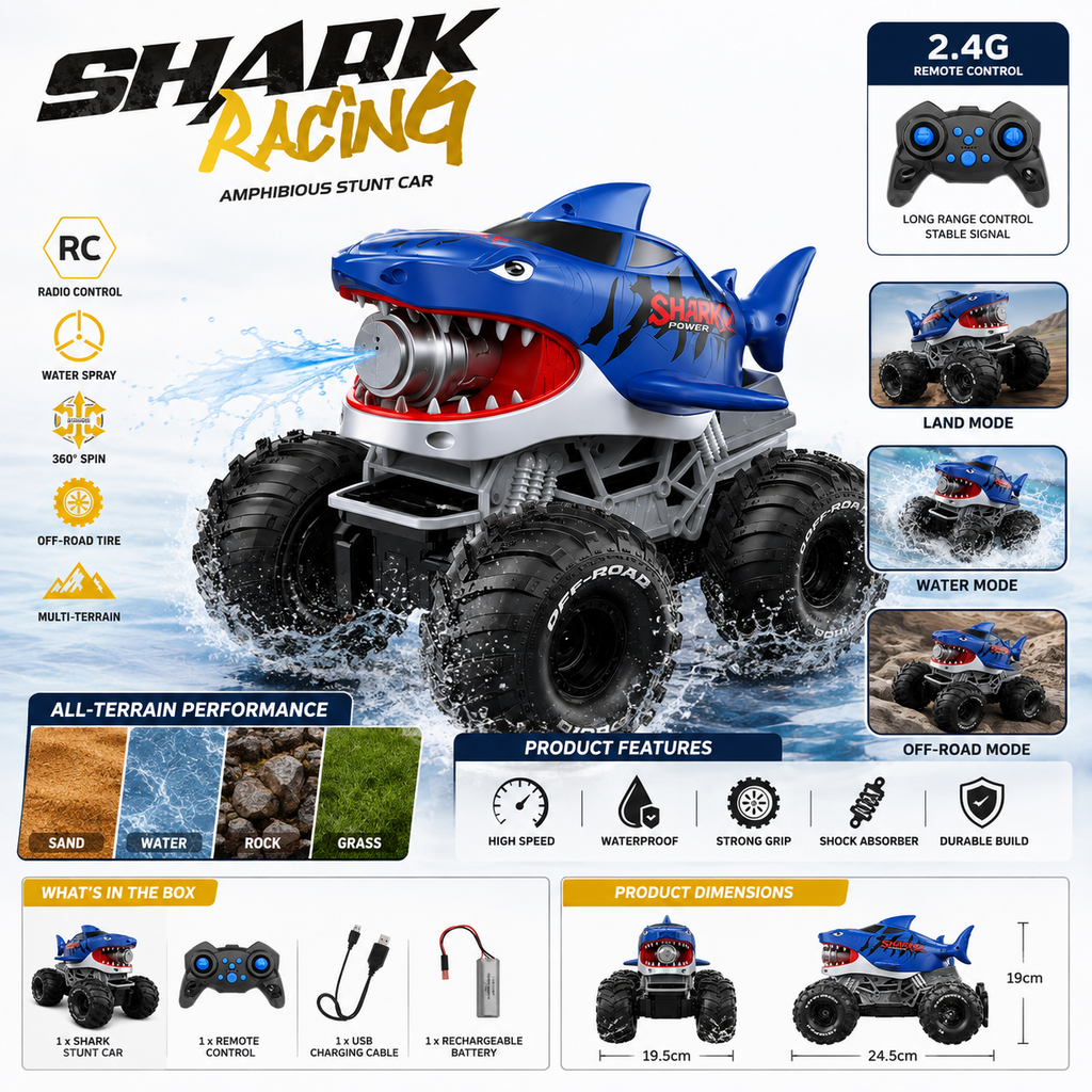 Shark Racing RC Amphibious Stunt Car with Water Spray