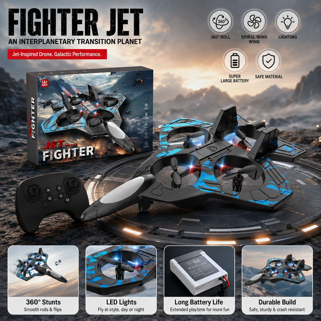 Fighter Jet RC Drone – 360° Stunt Flying Toy with LED Lights & Remote Control