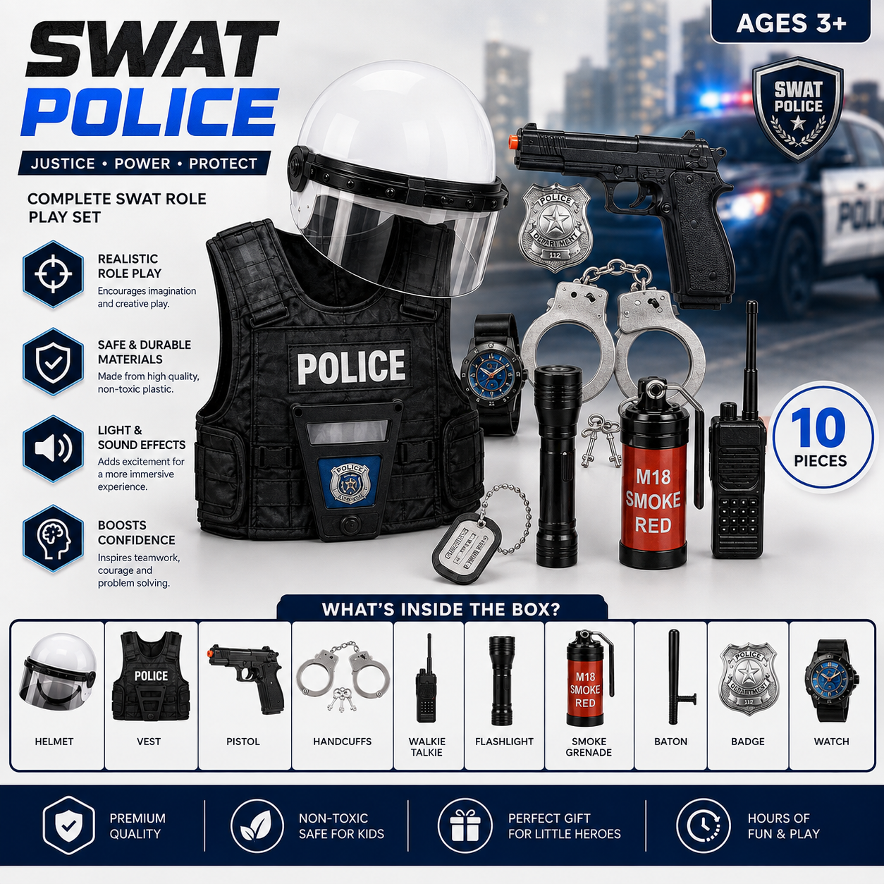 SWAT Police Role Play Set for Kids – 10-Piece Pretend Play Toy
