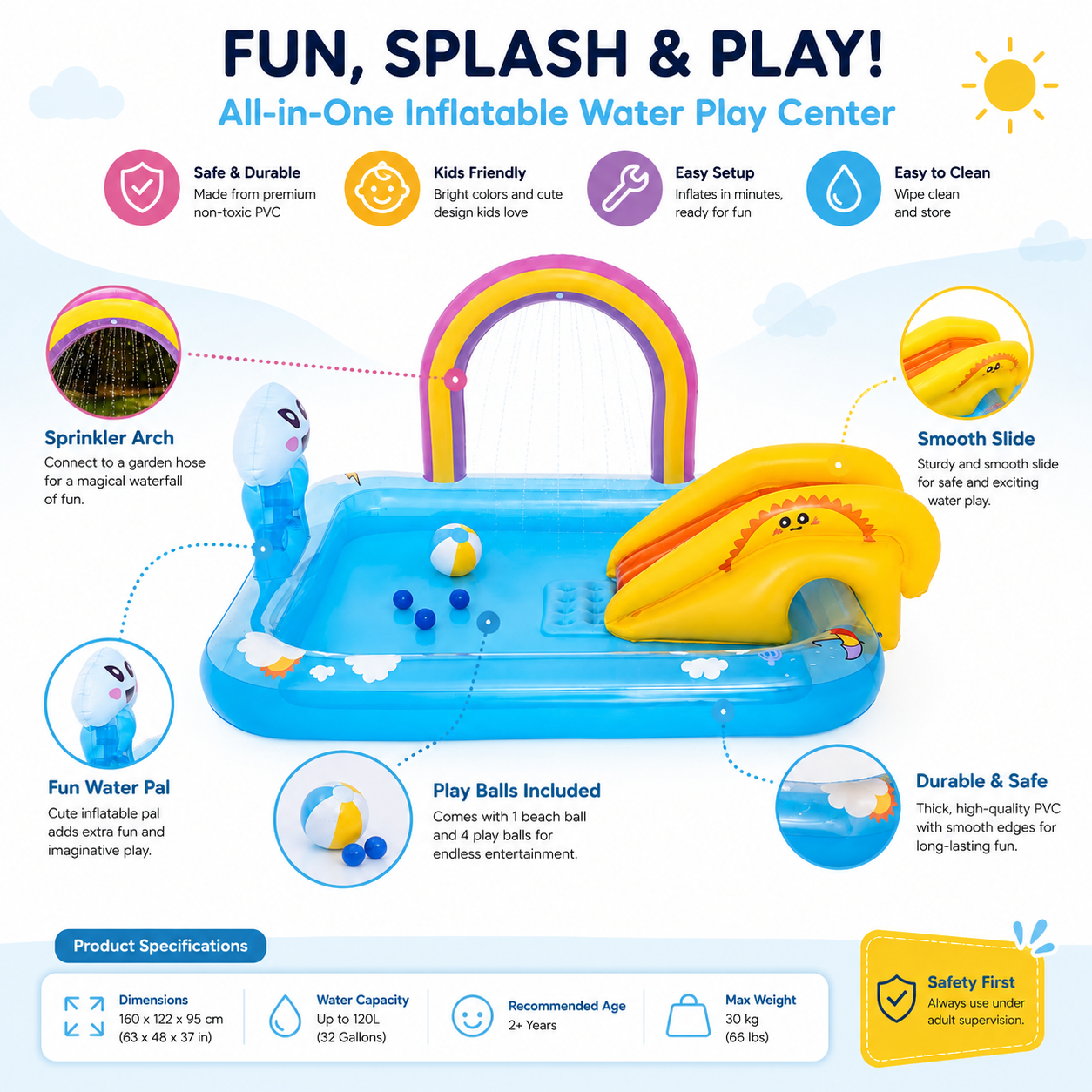 Inflatable Kids Water Play Center with Rainbow Sprinkler & Slide 6'2" x 5'9" x 35/1.88m x 1.50m x 89cm Rainbows N Rays Play Center