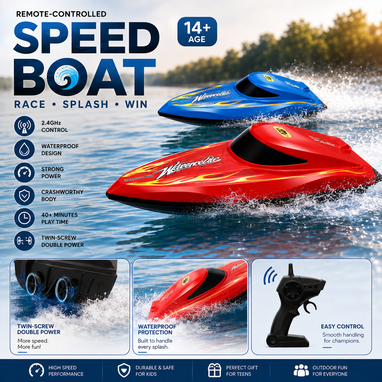 Remote Control Speed Boat – 2.4GHz Waterproof Racing Toy for Kids
