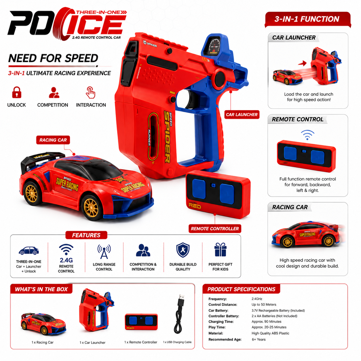 POICE 3-in-1 Remote Control Car Launcher