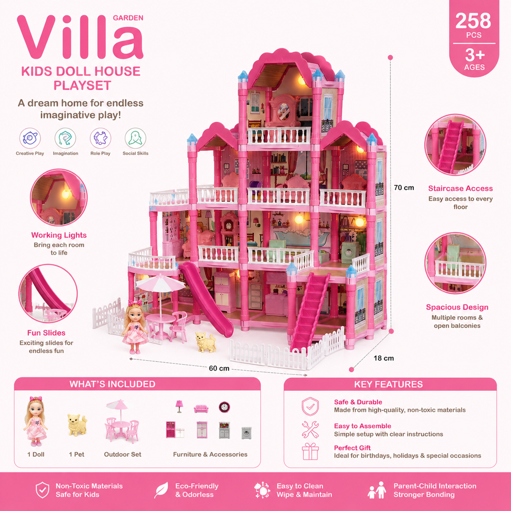 Kids Villa Doll House Playset – 258 Pieces