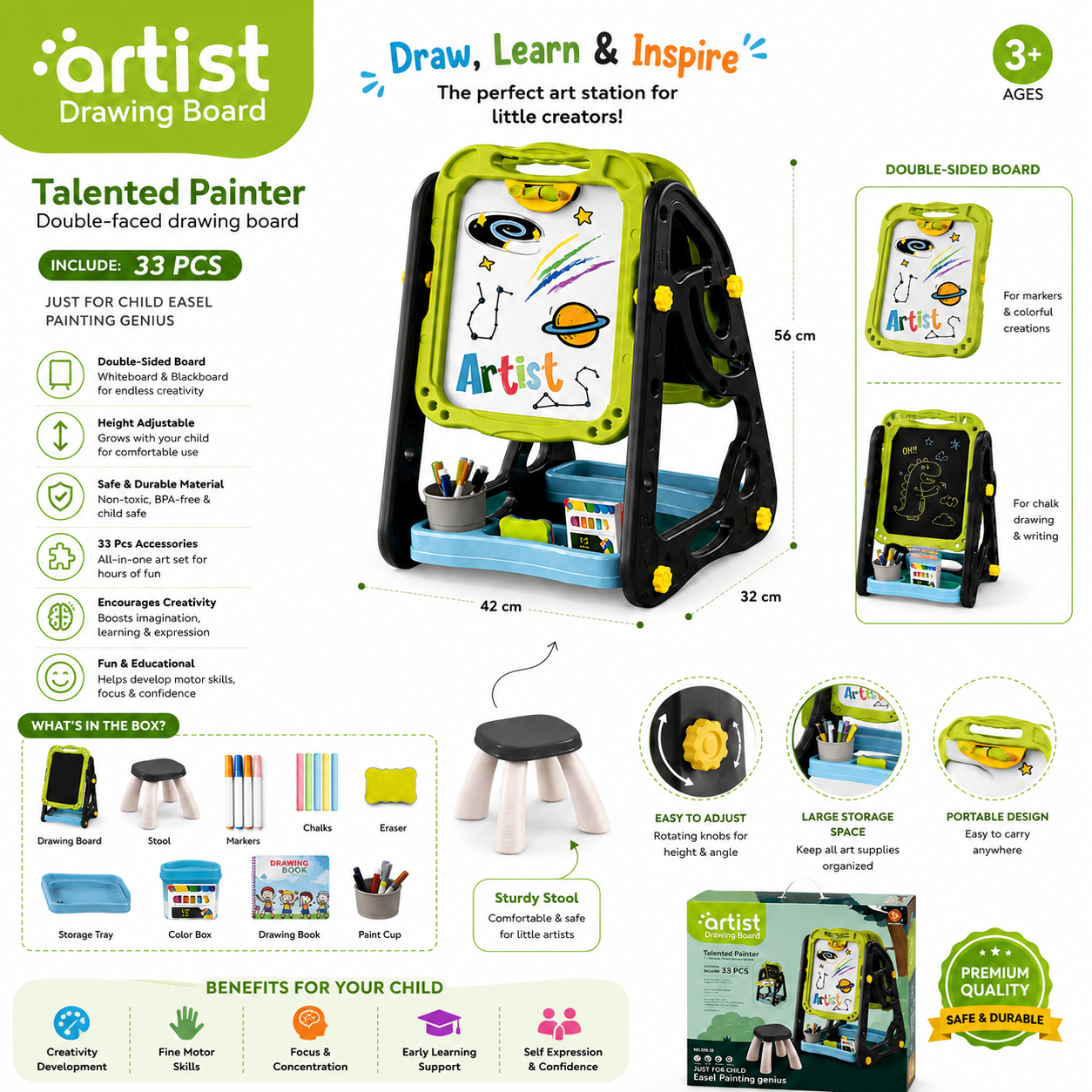 Artist Drawing Board – Talented Painter Double-Sided Easel (33 PCS)