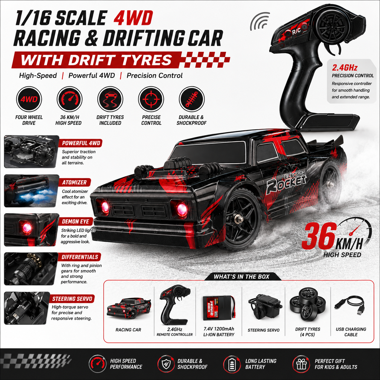 1/16 Scale 4WD RC Racing & Drifting Car – 36 KM/H | Drift Tyres