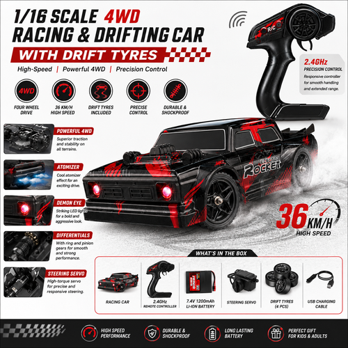 1/16 Scale 4WD RC Racing & Drifting Car – 36 KM/H | Drift Tyres