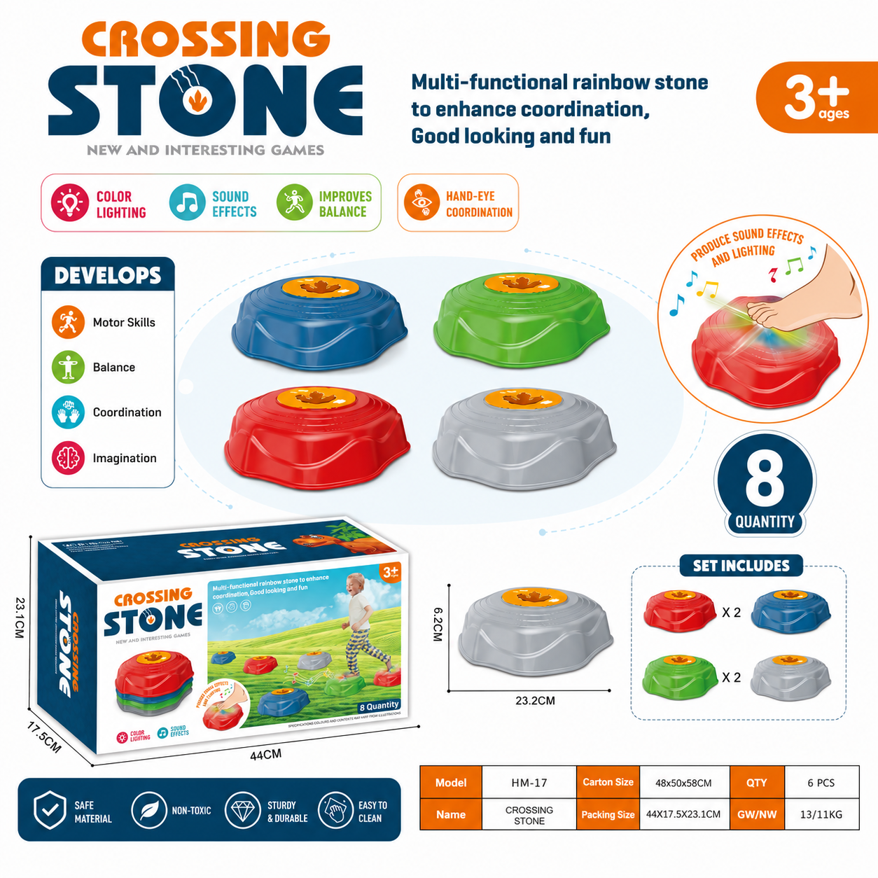 8-Piece Musical Crossing Stone Balance Set for Kids - Light & Sound Stepping Stones